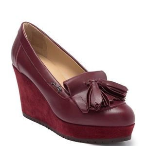 LONGCHAMP Leather Suede Tassel Wedge Pump NWT